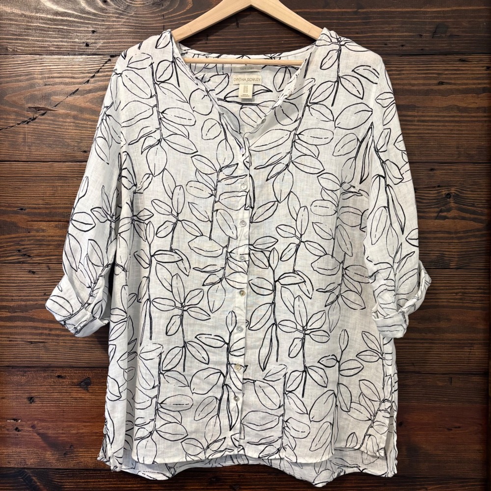 Cynthia Rowley 100% Linen Button Down Tunic Women's 1X White Black Coastal Chic